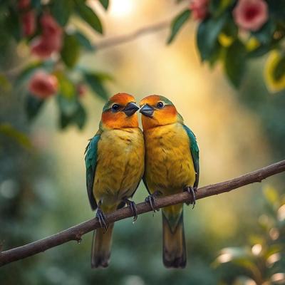 The primary subject of the image is a pair of colorful birds perched on a tree branch. The birds are facing each other, possibly engaging in a social interaction or displaying affection. The setting is a natural environment, with the birds sitting on a tree branch surrounded by leaves. The visual style of the image is a close-up of the birds, capturing their vibrant colors and intricate details. The overall atmosphere of the image is lively and full of energy, as the birds interact with each other in their natural habitat.